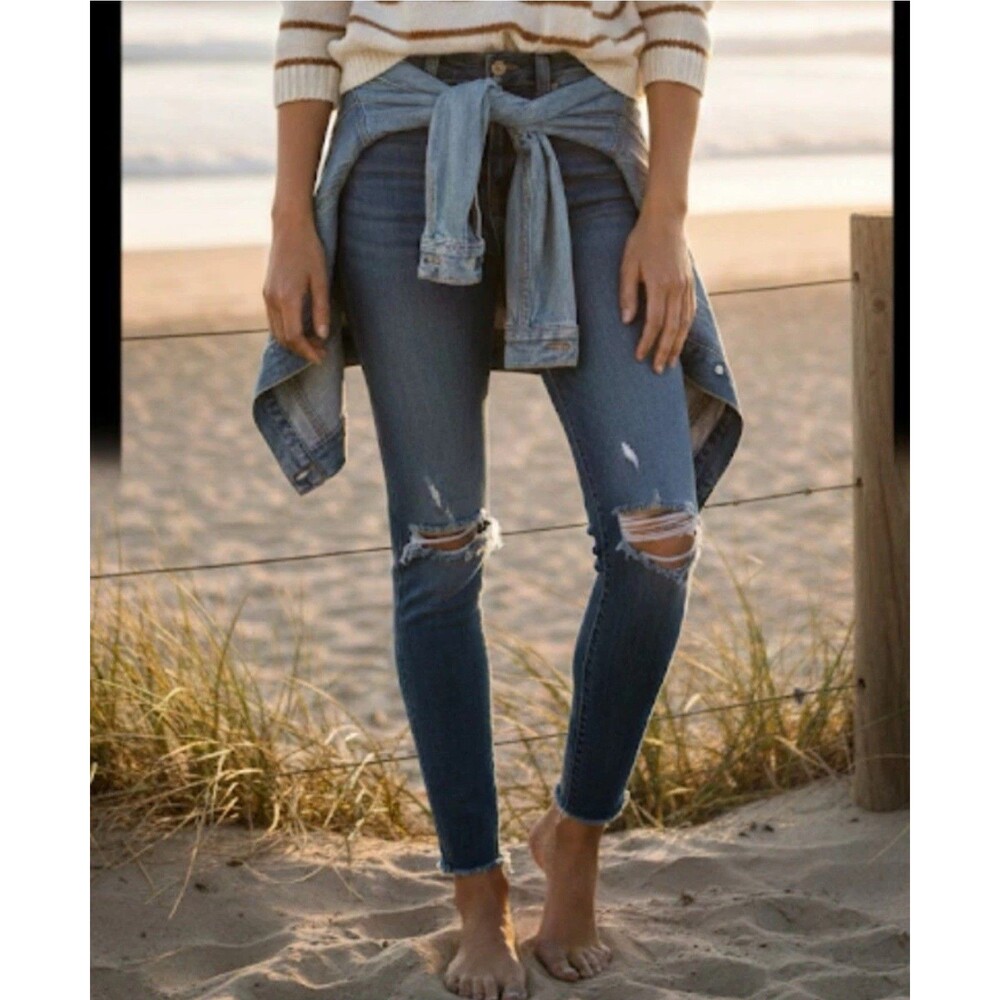 NWT Marine Layer High Rise Skinny Jeans Distressed Denim Raw Hem Women’s Size 25